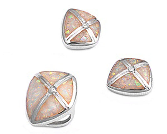 Cross Earrings White Simulated Opal .925 Sterling Silver Pendant Set