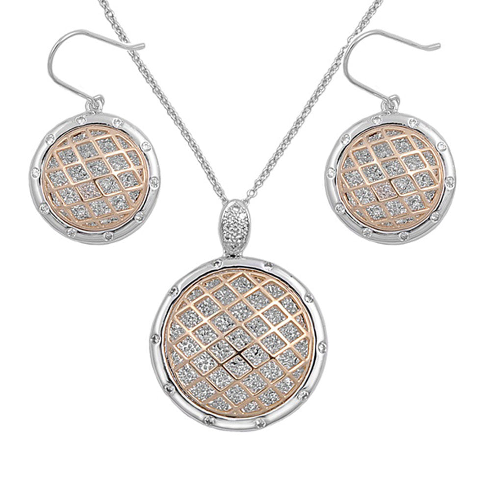 Rose Gold-Tone Round Mesh Earrings Clear Simulated CZ .925 Sterling Silver Pendant Set