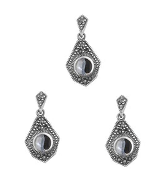 Sterling Silver Vintage Style Earrings Pendant Set Mother of Pearl Black Onyx