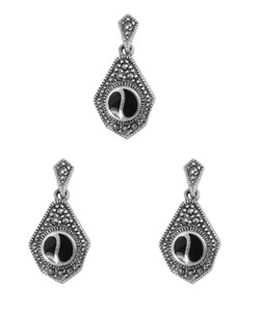 Sterling Silver Vintage Style Dangle Gothic Earrings Black Onyx Pendant Set 925