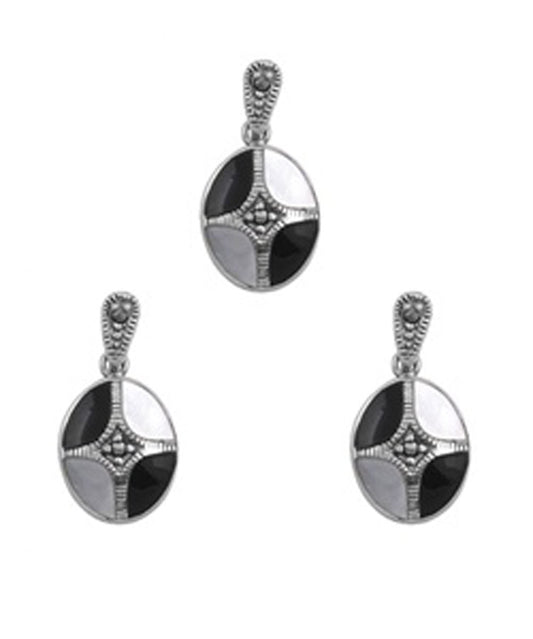 Oval Earrings Black Simulated Onyx Simulated Mother of Pearl .925 Sterling Silver Pendant Set