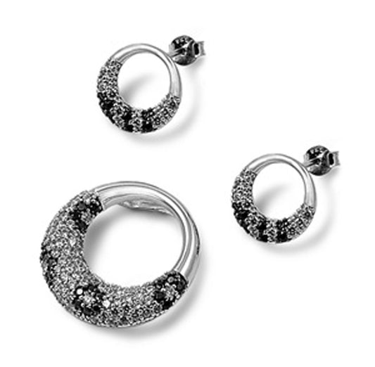 Micro Pave Circle Earrings Black Simulated CZ Clear Simulated CZ .925 Sterling Silver Pendant Set