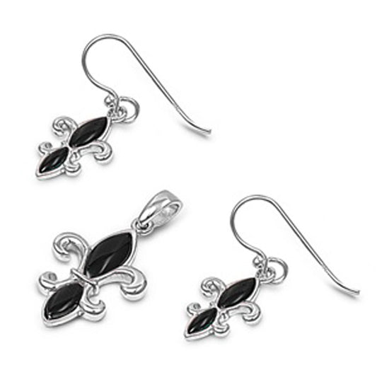 Fleur De Lis Earrings Black Simulated Onyx .925 Sterling Silver Pendant Set