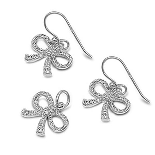 Ribbon Earrings Clear Simulated CZ .925 Sterling Silver Pendant Set