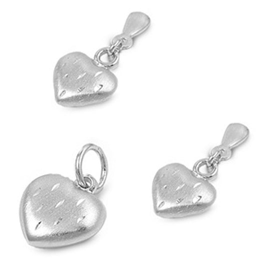 Puffed Heart Diamond-Cut Earrings .925 Sterling Silver Pendant Set
