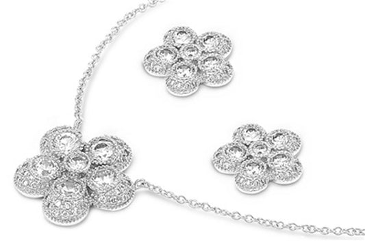 Flower Earrings Clear Simulated CZ .925 Sterling Silver Pendant Set