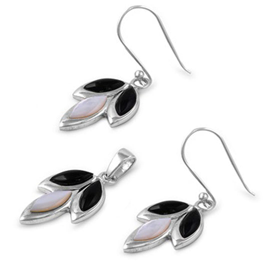 Marquise Earrings Black Simulated Onyx Simulated Mother of Pearl .925 Sterling Silver Pendant Set