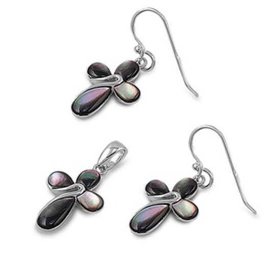 Cross Earrings Simulated Mother of Pearl .925 Sterling Silver Pendant Set