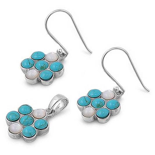 Flower Earrings Simulated Turquoise Simulated Mother of Pearl .925 Sterling Silver Pendant Set