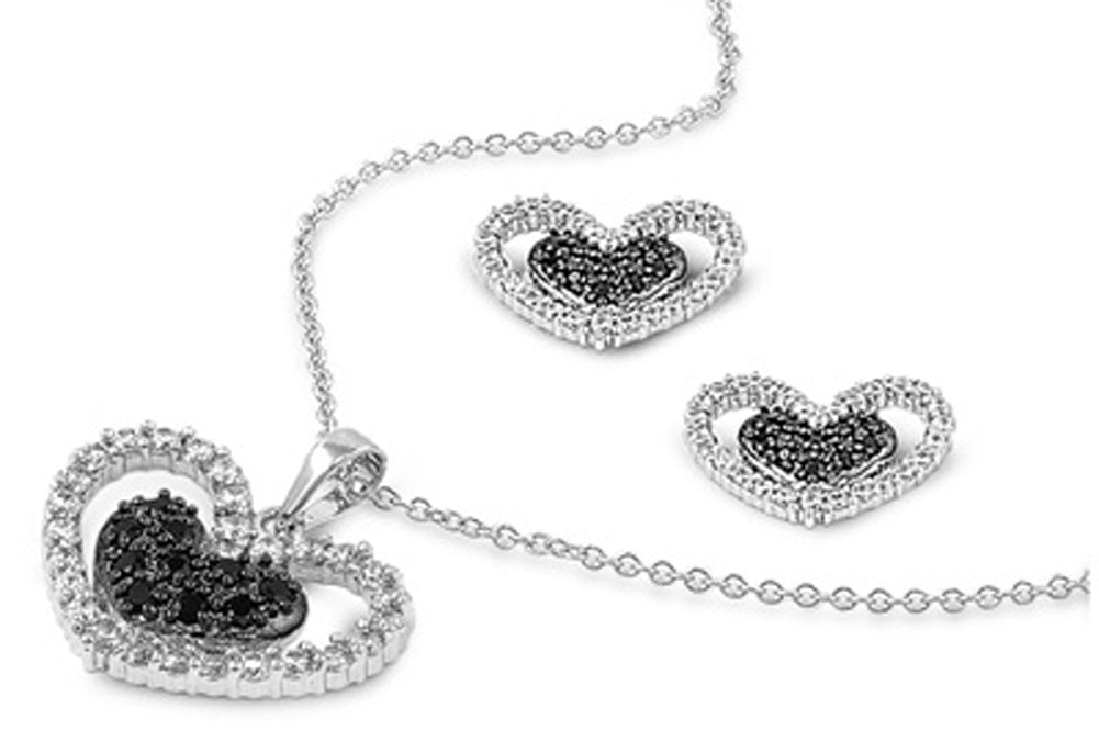 Heart Micro Pave Earrings Black Simulated CZ Clear Simulated CZ .925 Sterling Silver Pendant Set