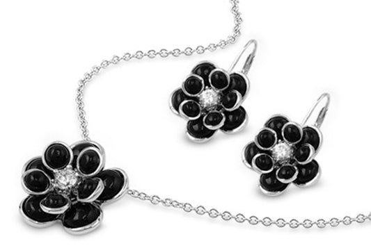 Flower Earrings Black Simulated Onyx Clear Simulated CZ .925 Sterling Silver Pendant Set
