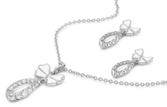 Ribbon Earrings Clear Simulated CZ .925 Sterling Silver Pendant Set