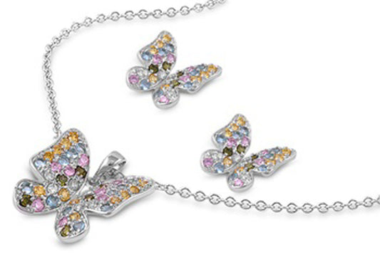 Butterfly Mosaic Earrings Multicolor Simulated CZ .925 Sterling Silver Pendant Set