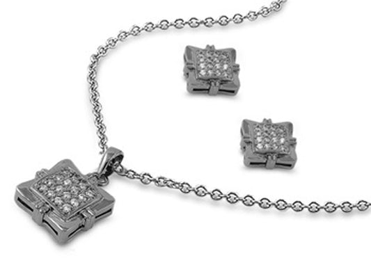 Square Earrings Clear Simulated CZ .925 Sterling Silver Pendant Set