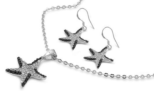 Animal Studded Starfish Sparkly Black Simulated CZ Clear Simulated CZ .925 Sterling Silver Earrings Pendant Set