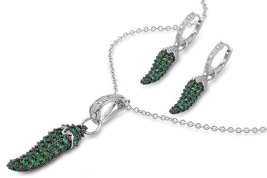 Micro Pave Italian Horn Earrings Simulated Emerald Clear Simulated CZ .925 Sterling Silver Pendant Set