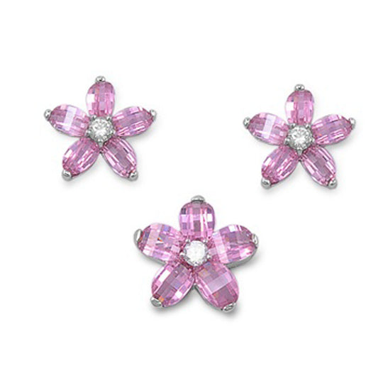 Flower Earrings Pink Simulated CZ Clear Simulated CZ .925 Sterling Silver Pendant Set