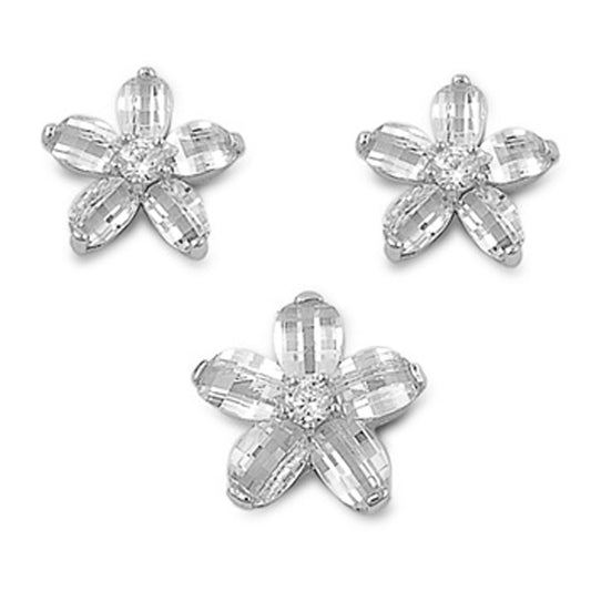 Flower Earrings Clear Simulated CZ .925 Sterling Silver Pendant Set