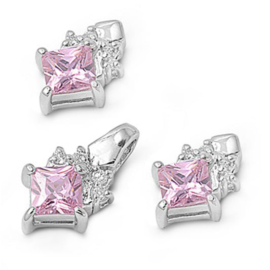 Square Princess Cut Earrings Pink Simulated CZ .925 Sterling Silver Pendant Set