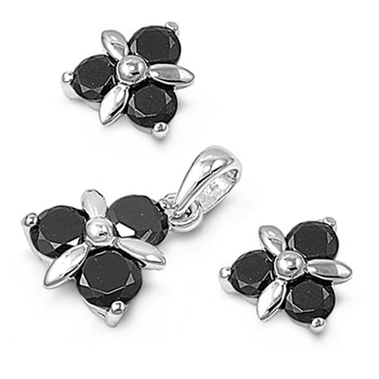 Flower Earrings Black Simulated CZ .925 Sterling Silver Pendant Set