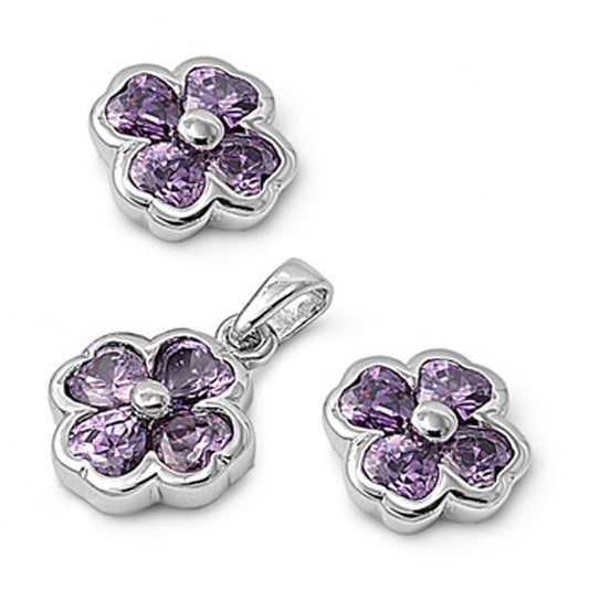 Heart Clover Flower Earrings Simulated Amethyst .925 Sterling Silver Pendant Set