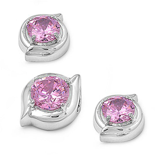 Round Earrings Pink Simulated CZ .925 Sterling Silver Pendant Set
