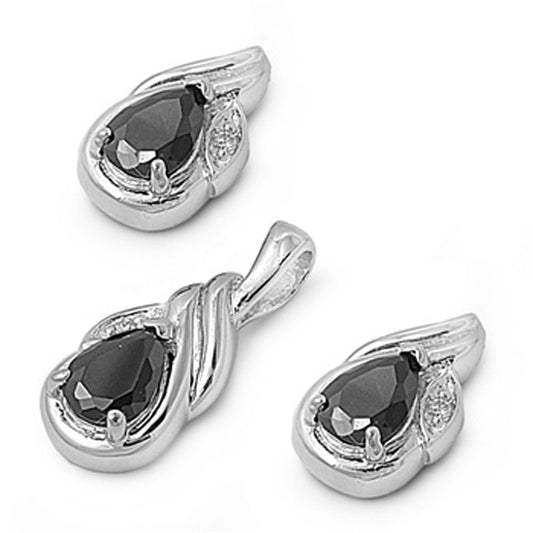 Teardrop Earrings Black Simulated CZ .925 Sterling Silver Pendant Set
