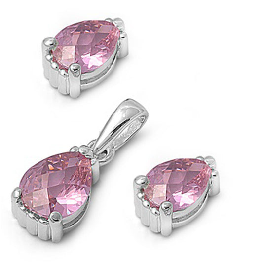 Teardrop Earrings Pink Simulated CZ .925 Sterling Silver Pendant Set