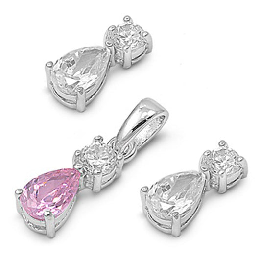 Teardrop Earrings Pink Simulated CZ Clear Simulated CZ .925 Sterling Silver Pendant Set