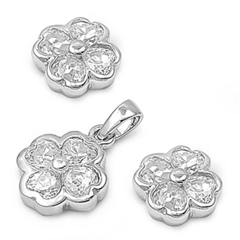 Heart Clover Earrings Clear Simulated CZ .925 Sterling Silver Pendant Set