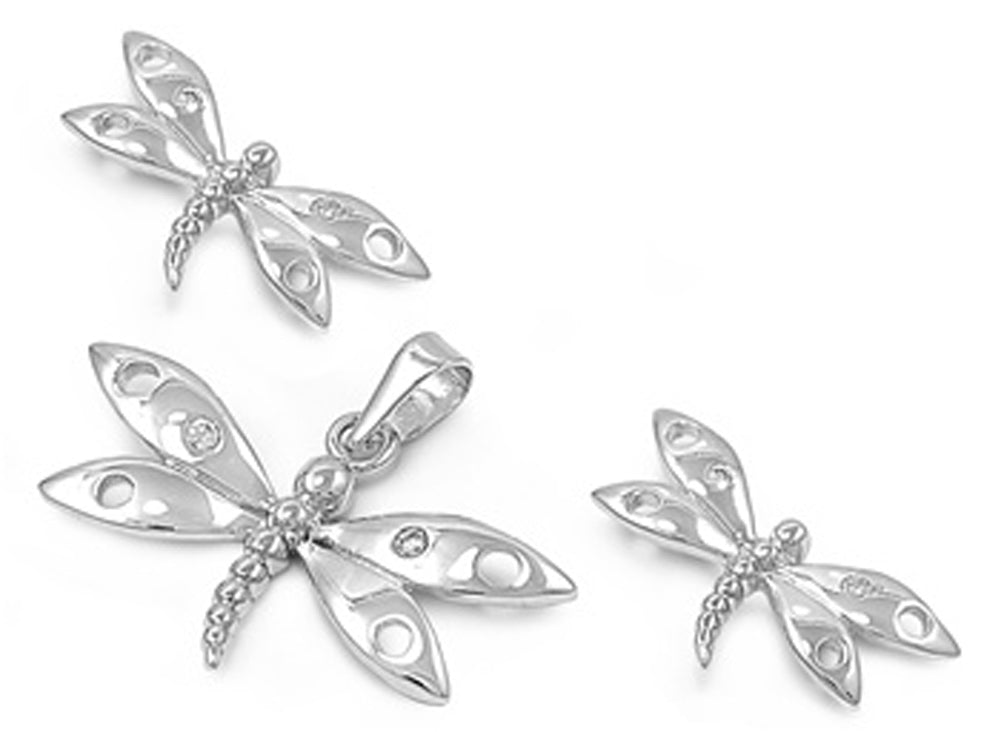 Detailed Animal Dragonfly Cutout Wing Nature Clear Simulated CZ .925 Sterling Silver Earrings Pendant Set
