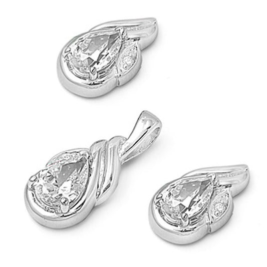 Teardrop Earrings Clear Simulated CZ .925 Sterling Silver Pendant Set
