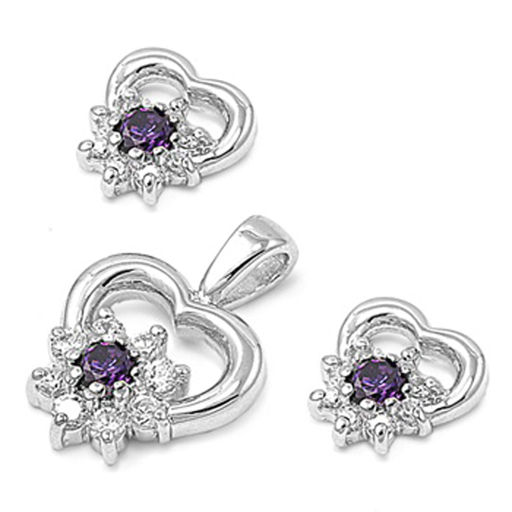 Heart Flower Earrings Simulated Amethyst Clear Simulated CZ .925 Sterling Silver Pendant Set