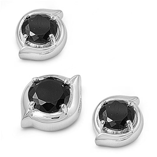 Round Earrings Black Simulated CZ .925 Sterling Silver Pendant Set
