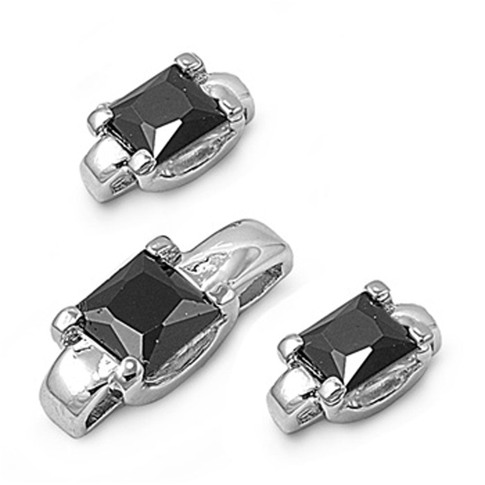 Solitaire Square Princess Cut Earrings Black Simulated CZ .925 Sterling Silver Pendant Set