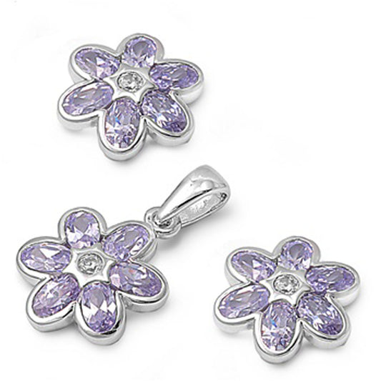 Flower Earrings Simulated Lavender .925 Sterling Silver Pendant Set