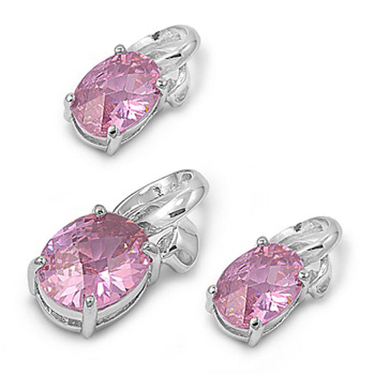 Oval Earrings Pink Simulated CZ .925 Sterling Silver Pendant Set