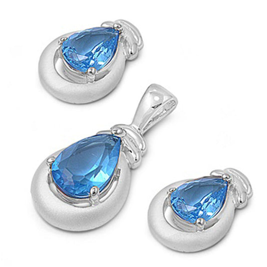 Teardrop Frosted Earrings Blue Simulated Topaz .925 Sterling Silver Pendant Set