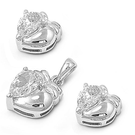 Heart Earrings Clear Simulated CZ .925 Sterling Silver Pendant Set