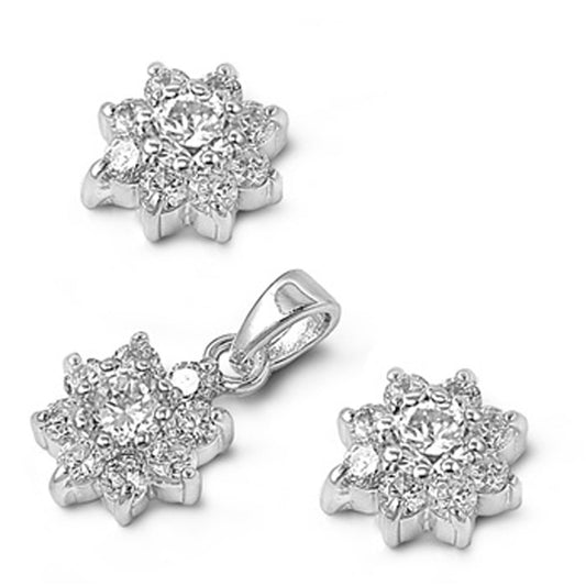 Flower Star Earrings Clear Simulated CZ .925 Sterling Silver Pendant Set