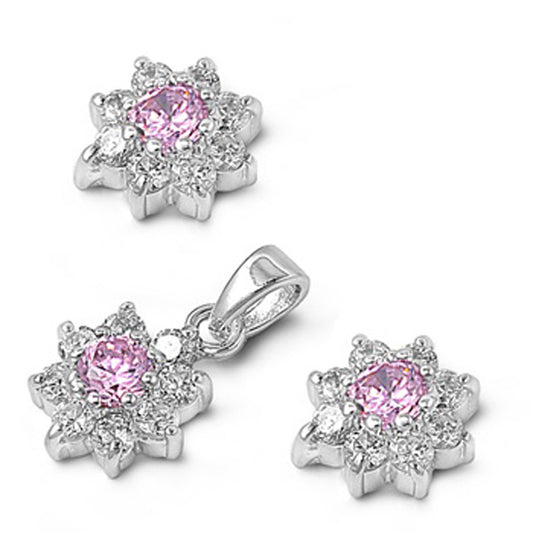 Halo Flower Star Earrings Pink Simulated CZ Clear Simulated CZ .925 Sterling Silver Pendant Set