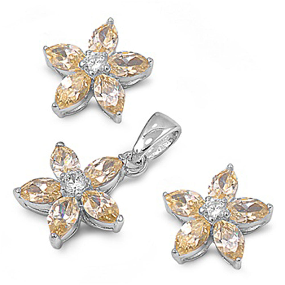 Flower Star Earrings Yellow Simulated CZ Clear Simulated CZ .925 Sterling Silver Pendant Set