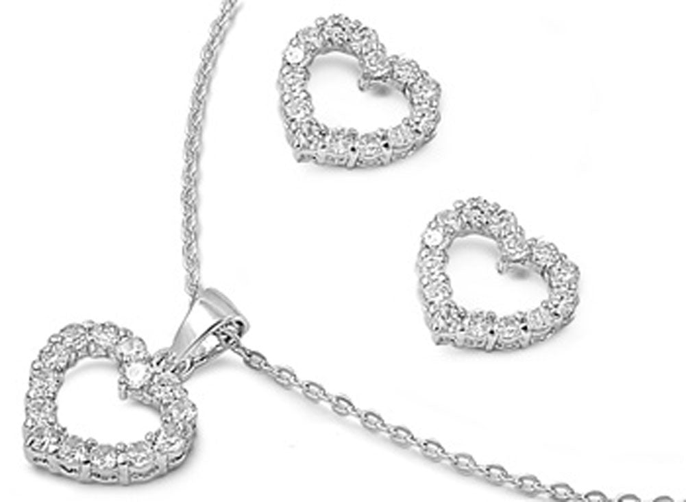 Heart Earrings Clear Simulated CZ .925 Sterling Silver Pendant Set