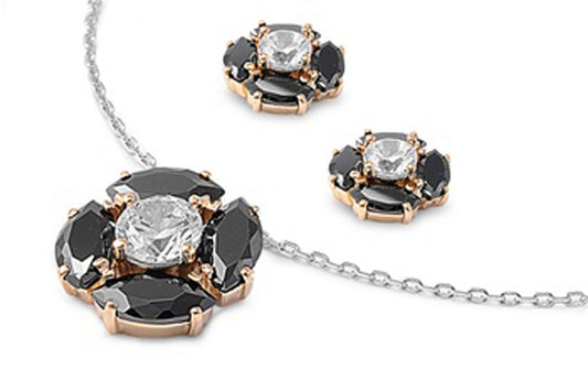 Gold-Tone Flower Earrings Black Simulated CZ Clear Simulated CZ .925 Sterling Silver Pendant Set