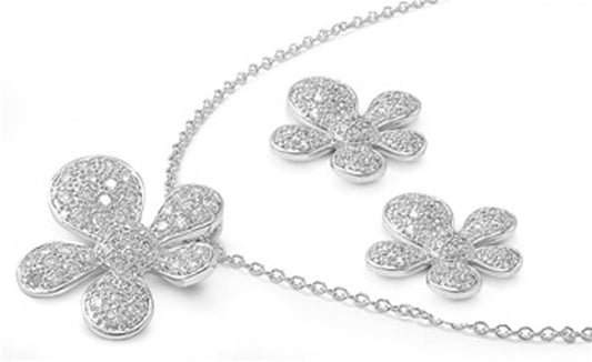 Micro Pave Flower Earrings Clear Simulated CZ .925 Sterling Silver Pendant Set