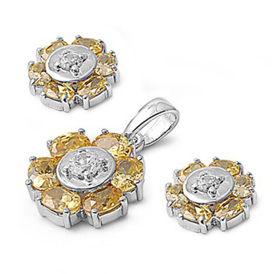 Round Earrings Yellow Simulated CZ Clear Simulated CZ .925 Sterling Silver Pendant Set