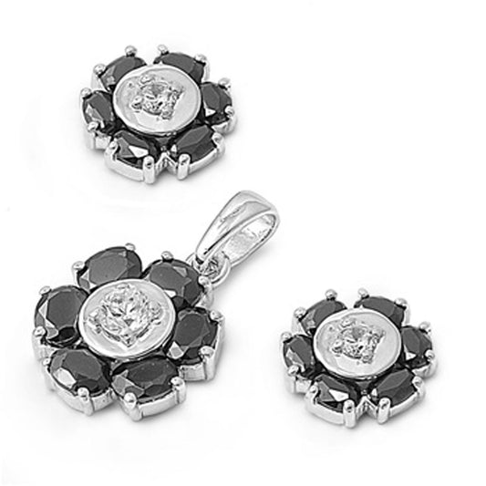 Flower Earrings Black Simulated CZ Clear Simulated CZ .925 Sterling Silver Pendant Set