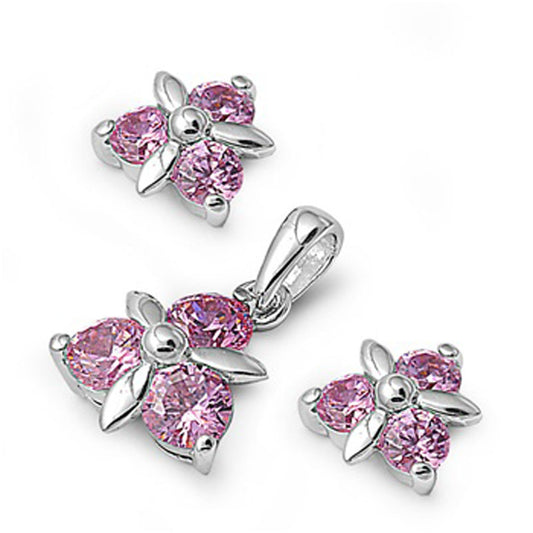 Flower Earrings Pink Simulated CZ .925 Sterling Silver Pendant Set