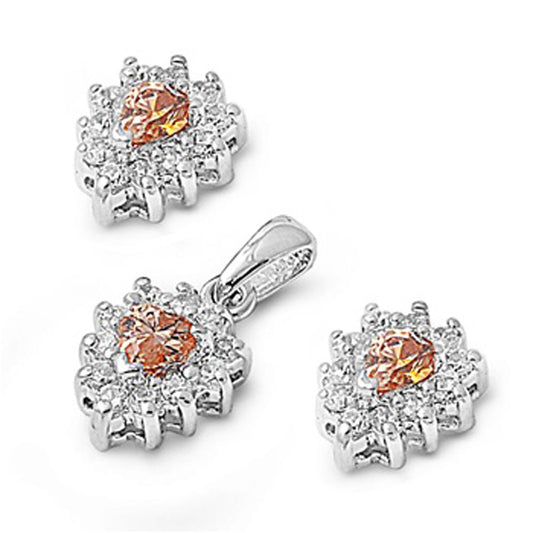 Halo Earrings Champagne Simulated CZ Clear Simulated CZ .925 Sterling Silver Pendant Set