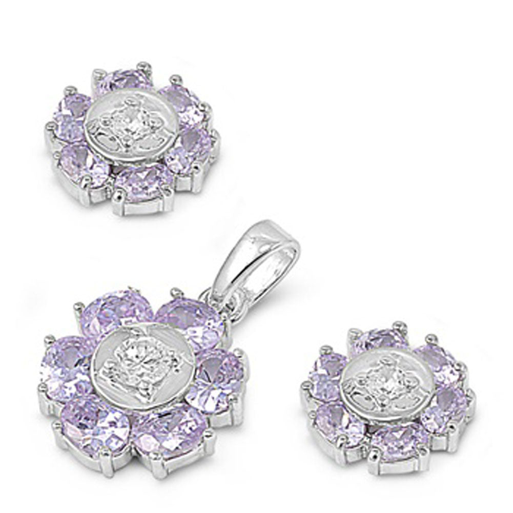 Round Earrings Simulated Lavender Clear Simulated CZ .925 Sterling Silver Pendant Set